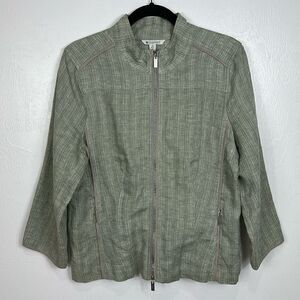 Spanner Linen Green Long Sleeve Striped Zip Up Jacket Size 14